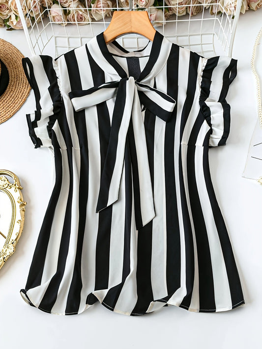 Damen Bluse Elegant mit Schleifenkragen und Streifenmuster – Büro & Alltag