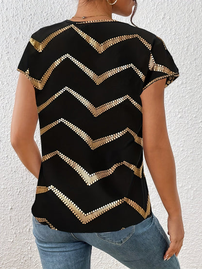Damen Elegantes Batwing Top mit Metallic-Zickzackmuster für Alltag und Party