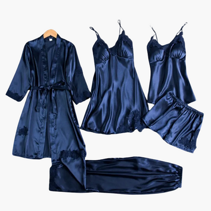 Damen Luxus Nachtwäsche Set – 5-teiliges Satin Schlafanzug Set mit Kimono, Nachthemd, Top, Shorts und Hose – Eleganter Stil für Zuhause und besondere Anlässe