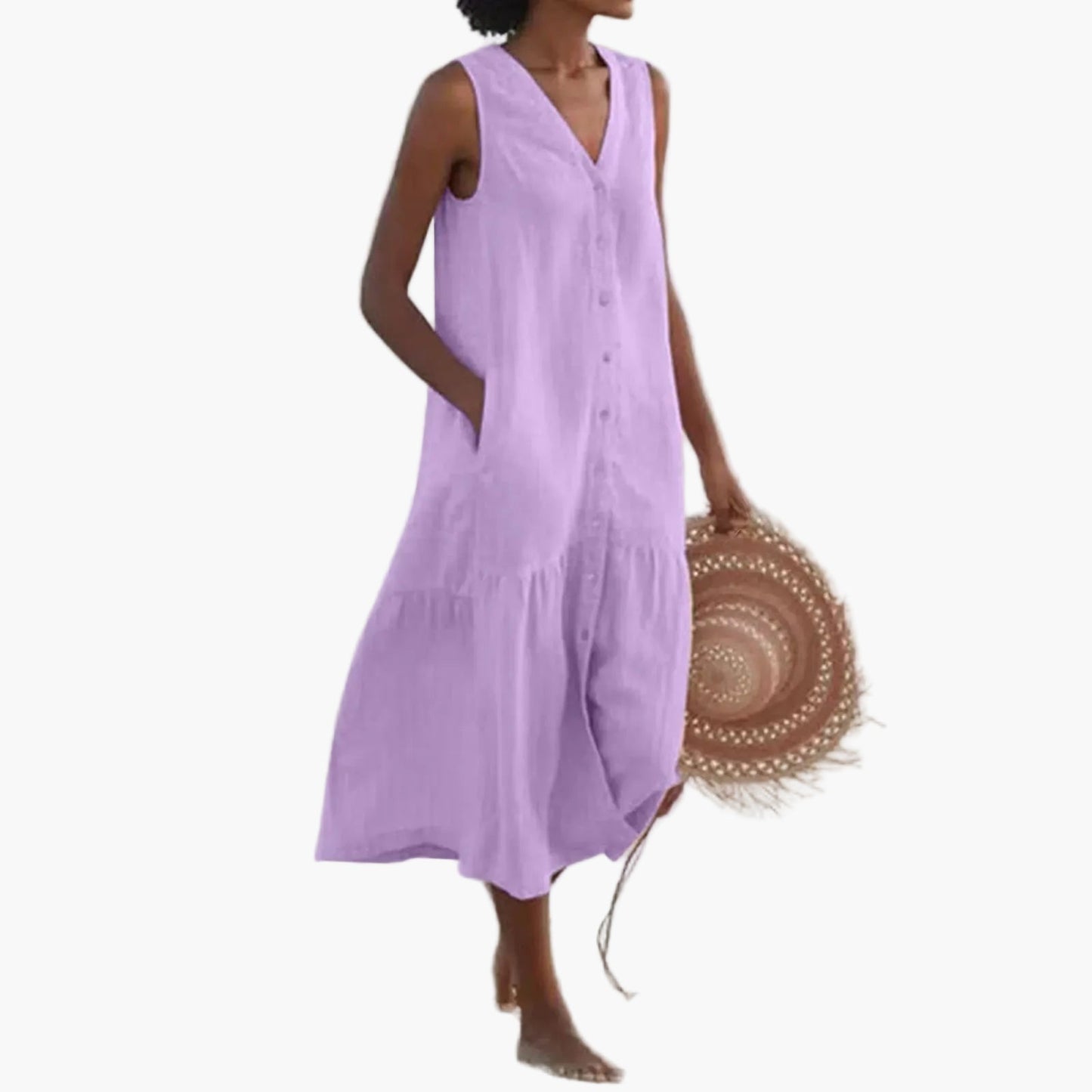 Damen Sommer Midikleid ärmellos V-Ausschnitt Strandkleid Freizeitkleid