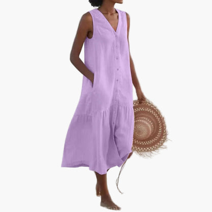 Damen Sommer Midikleid ärmellos V-Ausschnitt Strandkleid Freizeitkleid