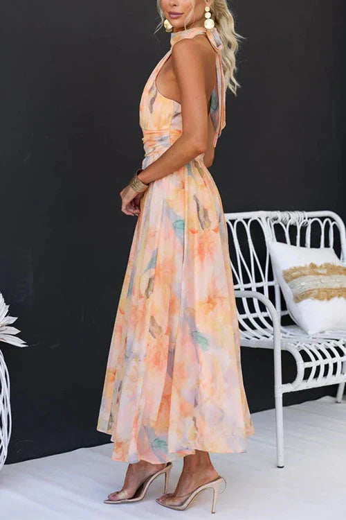 Damen Maxi Sommerkleid mit Wasserfarben-Print und Neckholder – Elegantes Kleid für besondere Anlässe