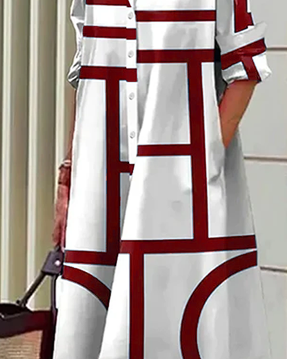 Damen Shirtkleid mit geometrischem Muster und Taschen – Lässiger, moderner Stil für Alltag und Büro