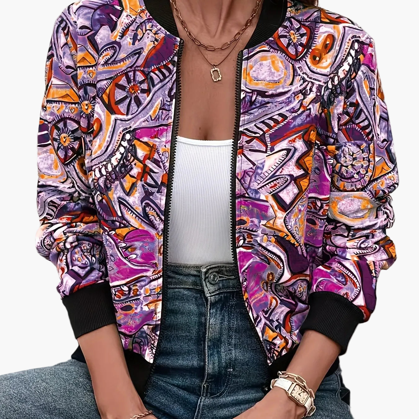 Damen Bomberjacke mit künstlerischem Print – Stilvolle Übergangsjacke für Freizeit & Alltag