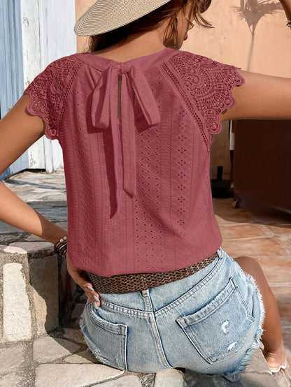 Damen Spitzentop mit Häkelärmeln und Rückenschleife – Sommer Freizeit Bluse
