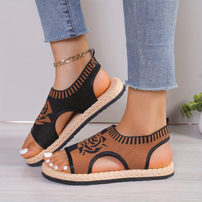 Damen Freizeit Sandalen mit Blumenmuster – Bequeme Sommerschuhe im modernen Strick-Look
