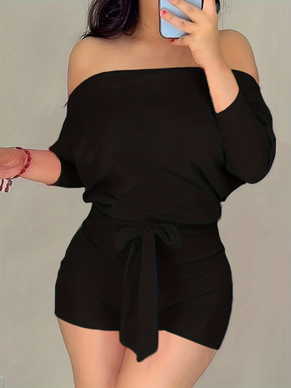 Damen Off-Shoulder Jumpsuit Freizeit Sommer Einteiler mit Gürtel