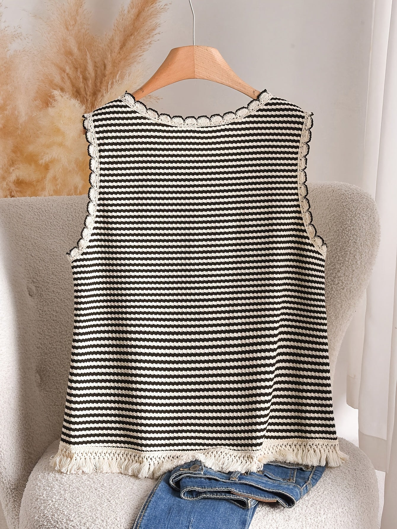 Damen Strick-Top im Boho-Stil mit Streifen und Fransen – Lässig & Sommerlich