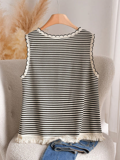Damen Strick-Top im Boho-Stil mit Streifen und Fransen – Lässig & Sommerlich