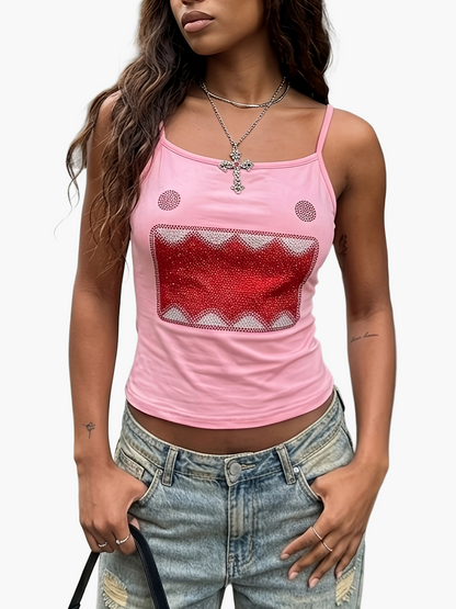 Damen Y2K Streetwear Tanktop mit Cartoon-Motiv und Ripped Jeans – Trendy Urban Style