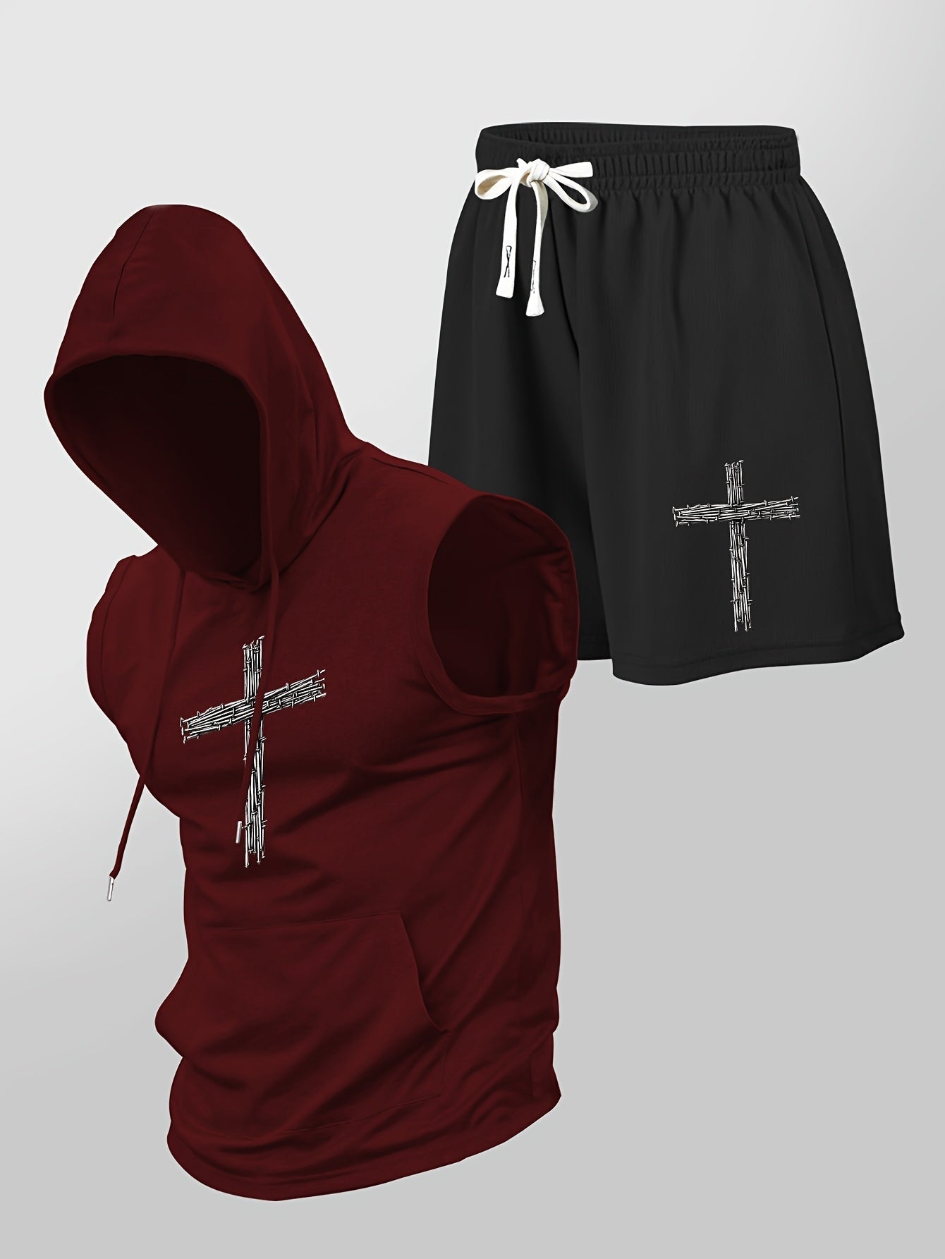 Herren Fitness Set mit Kapuzen-Ärmelloshirt und Shorts mit Kreuz-Print – Sportlicher Streetstyle Zweiteiler