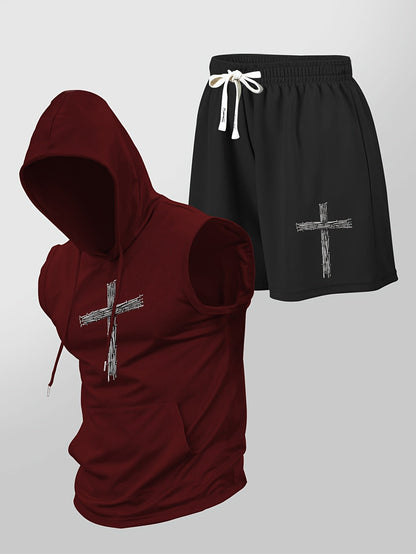 Herren Fitness Set mit Kapuzen-Ärmelloshirt und Shorts mit Kreuz-Print – Sportlicher Streetstyle Zweiteiler