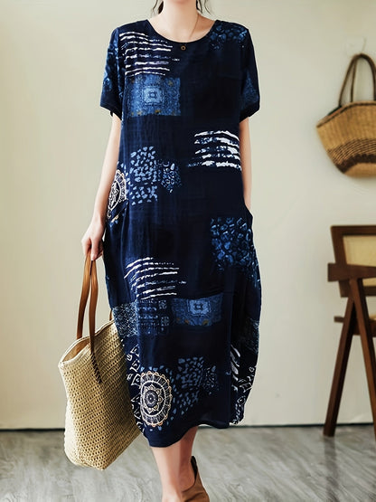 Damen Oversize-Kleid mit künstlerischem geometrisch-botanischem Muster und kurzen Ärmeln – Lässiges Freizeitkleid mit Taschen