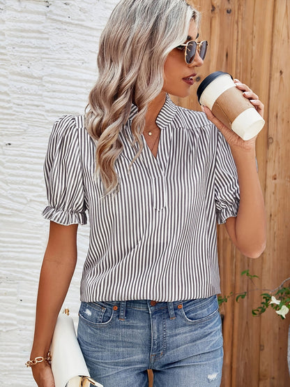 Damen Blusenshirt mit Streifen und Puffärmeln – Eleganter Freizeit-Look für Alltag und Büro