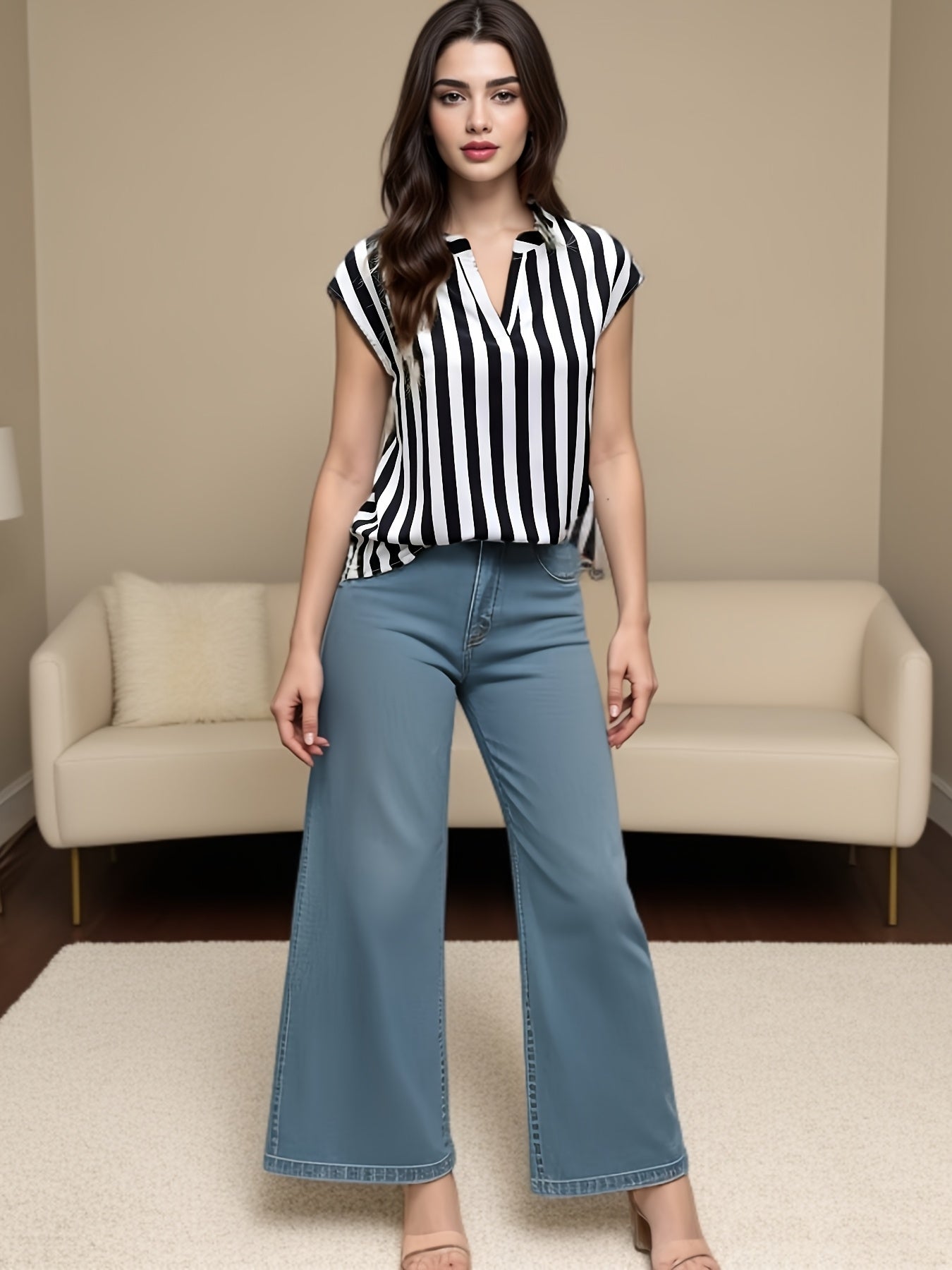 Damen Weitbein-Hose und Streifenbluse – Modisches Sommer-Outfit für Alltag und Büro