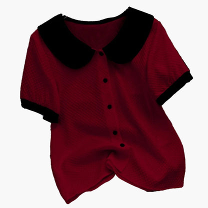 Damen Bluse im Vintage-Stil mit Kontrastkragen und kurzen Ärmeln – Elegante Alltagsmode