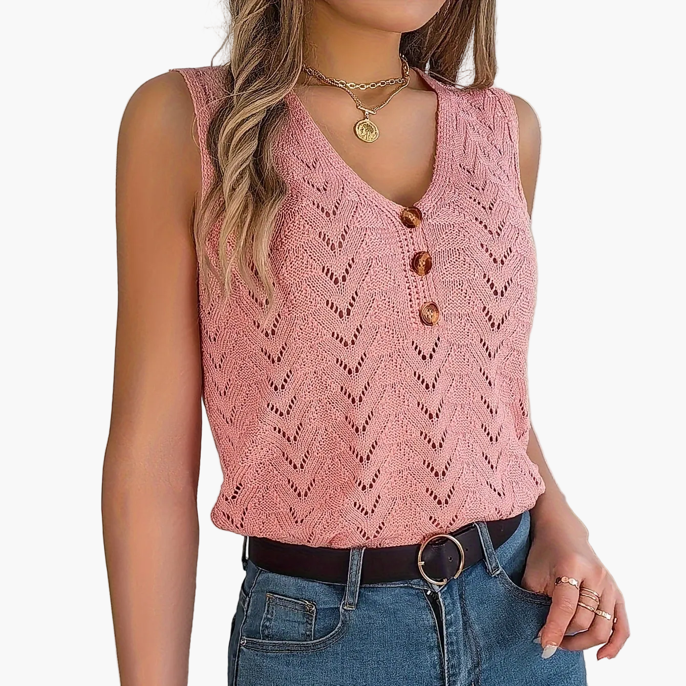 Damen Stricktop im Häkelstil mit Knöpfen – Elegantes Sommer-Top für Freizeit & Urlaub