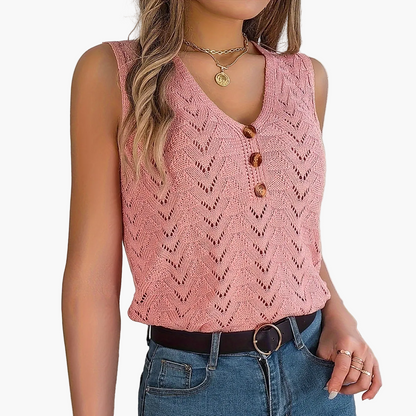 Damen Stricktop im Häkelstil mit Knöpfen – Elegantes Sommer-Top für Freizeit & Urlaub