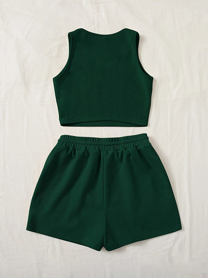 Damen Freizeit Zweiteiler Set – Geripptes Crop Top & Shorts, Sportlich & Modern für Alltag und Entspannung