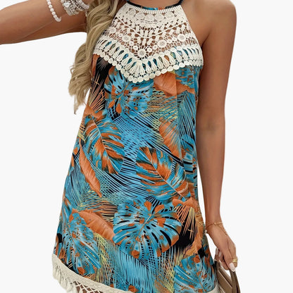 Damen Sommer Tunika Strandkleid mit Häkelspitze und Paisley-Muster – Boho Chic Freizeitkleid