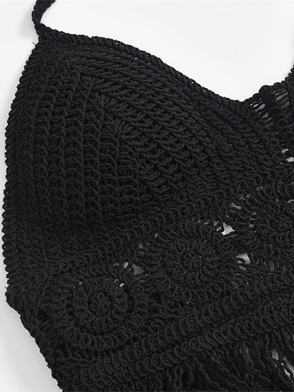 Damen Boho Häkel-Bralette Top mit Neckholder und Fransen – Festival & Strandmode