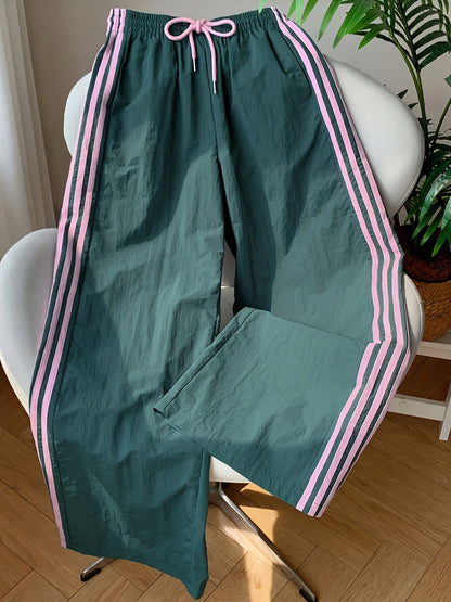 Damen Weitbeinige Sporthose mit Streifen und Kordelzug – Lässige Freizeithose für Alltag & Fitness