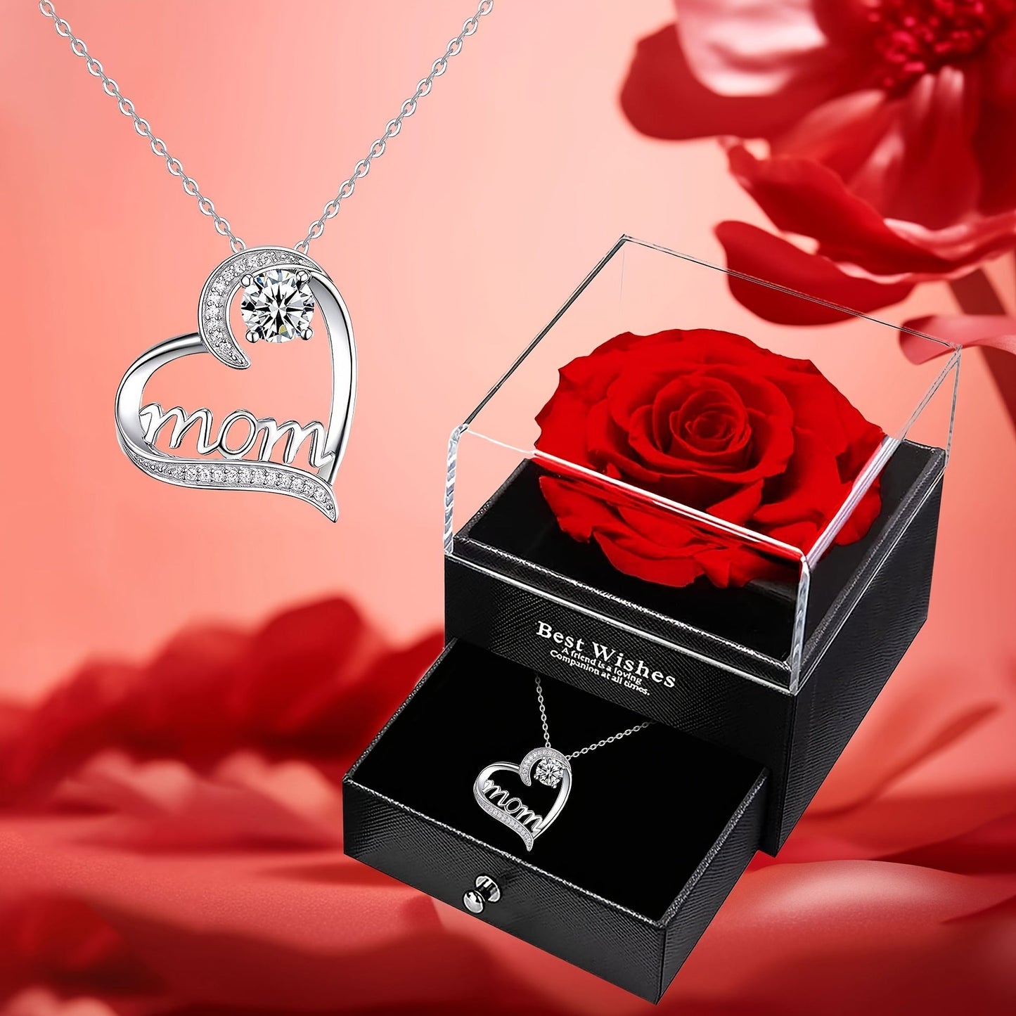 Herz Anhänger Schmuckset für Damen – Muttertagsgeschenk mit "Mom" Gravur und ewiger Rose – Elegante Geschenkbox für Mütter