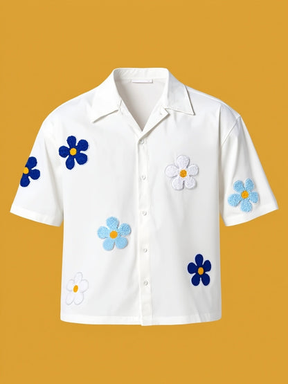 Herren Freizeit-Hemd mit Blumenstickerei und kurzem Ärmel – Modernes, verspieltes Design für Alltag und Ausgehen
