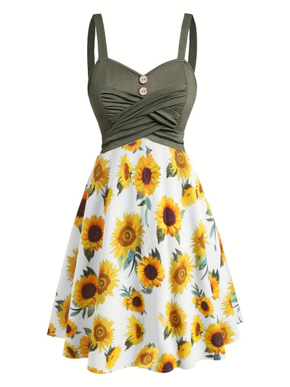 Damen Vintage Sonnenblumen Sommerkleid mit Knopfdetail und Trägern – Perfekt für Freizeit & Urlaub
