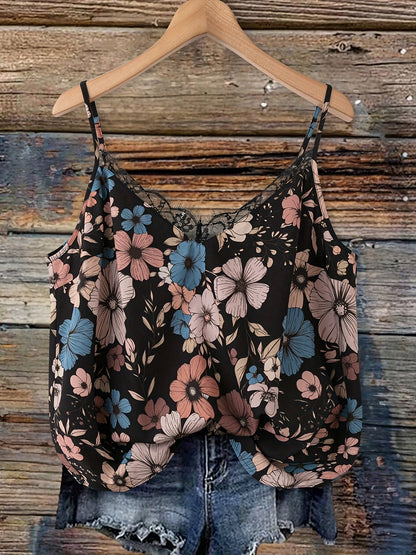 Damen Sommer-Top mit Blumenmuster und Spitzen-Detail – Lässiges Trägertop für Freizeit und Urlaub