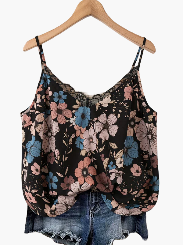 Damen Sommer-Top mit Blumenmuster und Spitzen-Detail – Lässiges Trägertop für Freizeit und Urlaub