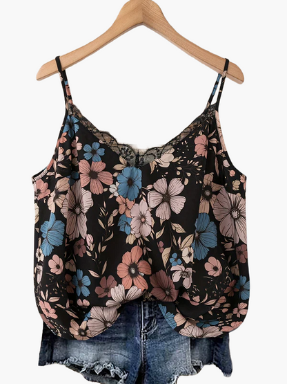 Damen Sommer-Top mit Blumenmuster und Spitzen-Detail – Lässiges Trägertop für Freizeit und Urlaub