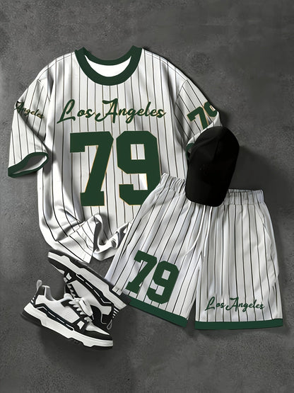 Herren Sportset Los Angeles 79 – Pinstripe Shirt und Shorts im Retro-Stil