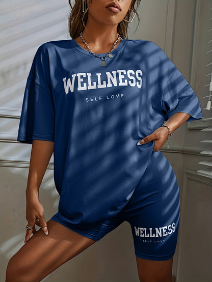 Damen Wellness Lounge Set Oversize T-Shirt & Radlerhose – Entspanntes Freizeit-Outfit mit Motivdruck