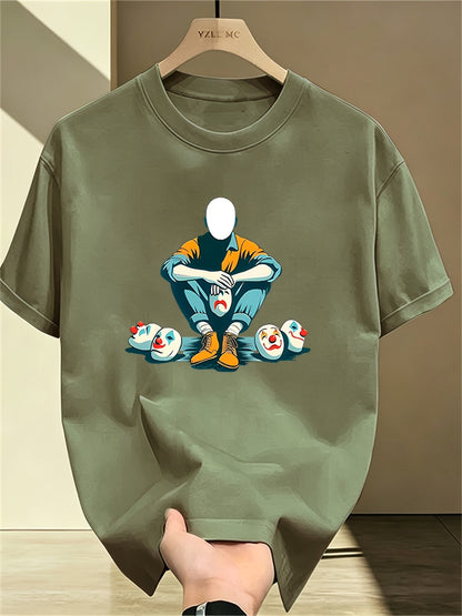 Herren T-Shirt mit künstlerischem Print – Abstrakte Figur und Clownsmasken, Modernes Streetwear Design