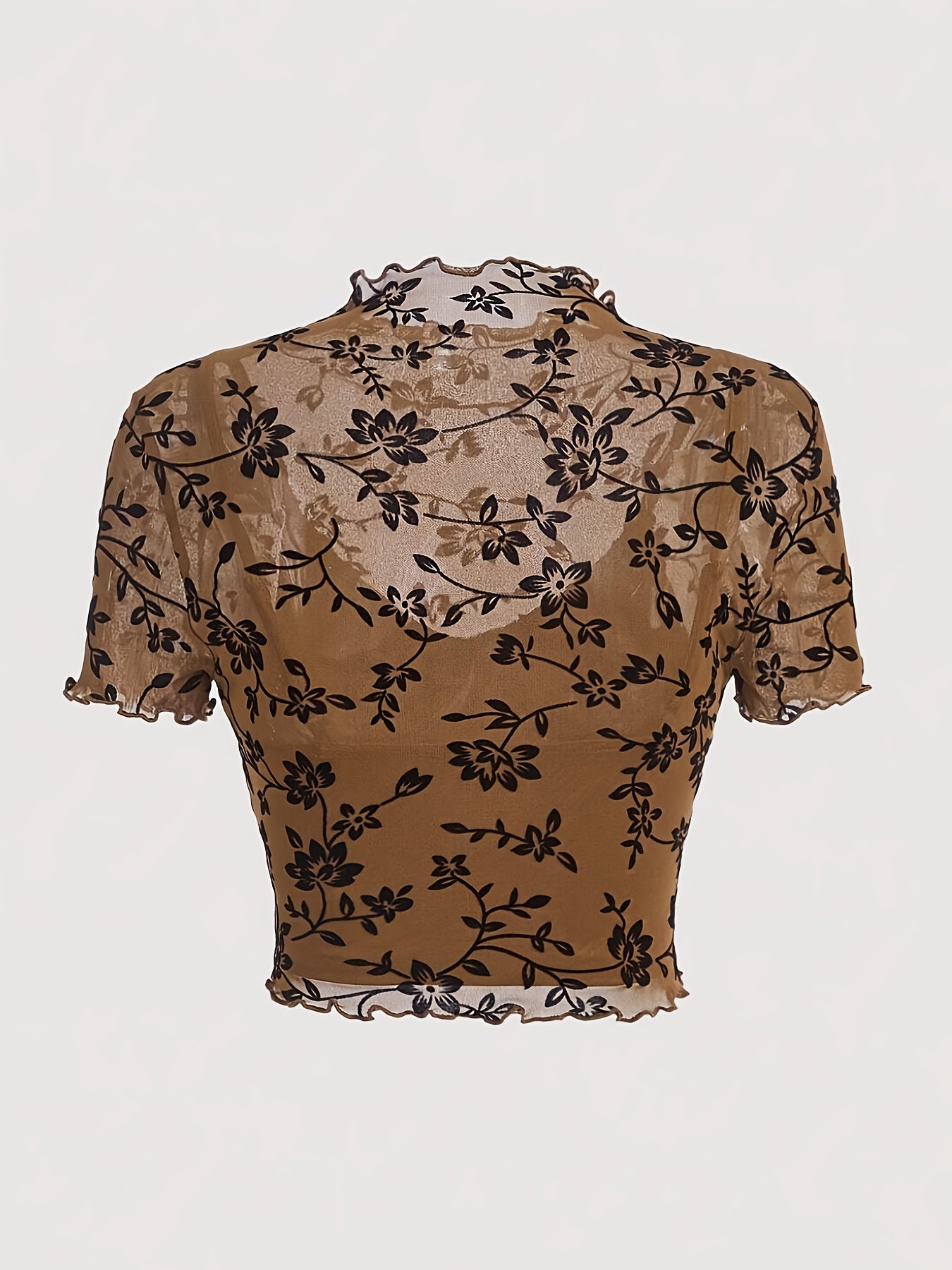 Damen Mesh Crop Top mit Blumenmuster und Stehkragen – Eleganter Party- und Alltagslook