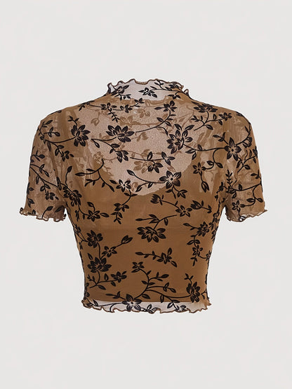 Damen Mesh Crop Top mit Blumenmuster und Stehkragen – Eleganter Party- und Alltagslook