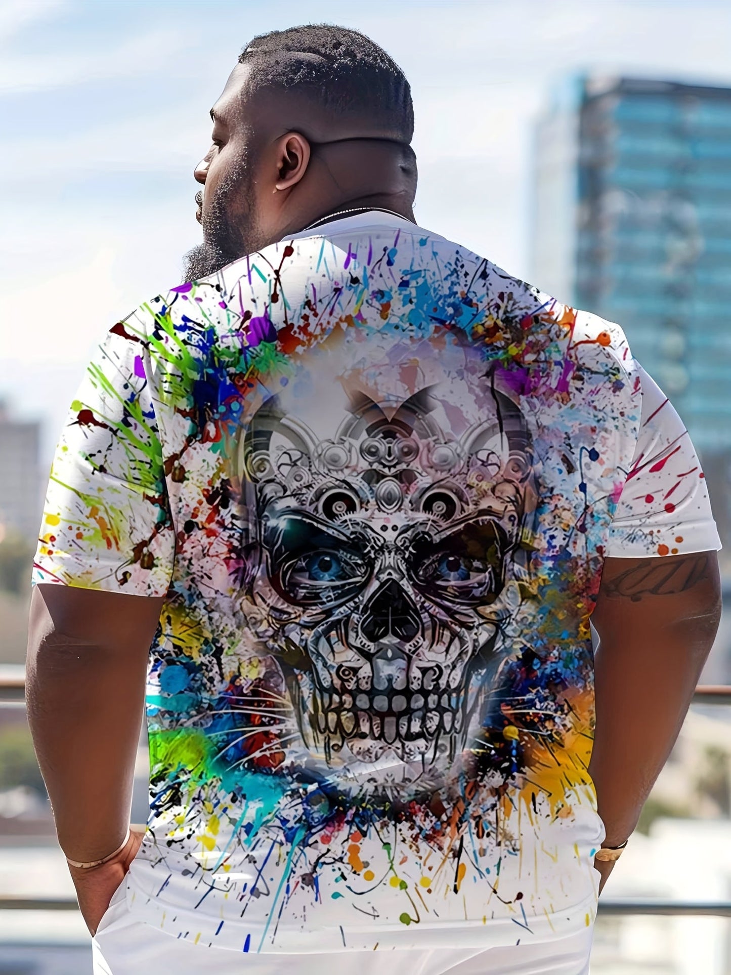 Herren T-Shirt mit Totenkopf-Grafik und Farbspritzer-Design – Urban Streetwear für große Größen