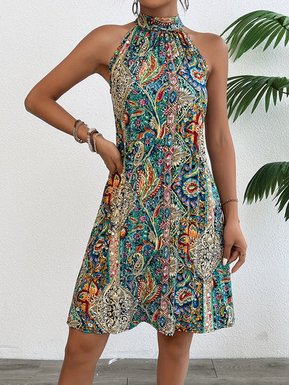 Damen Boho Sommerkleid mit Neckholder und buntem Ethno-Muster – Ideal für Urlaub, Strand & Gartenparty