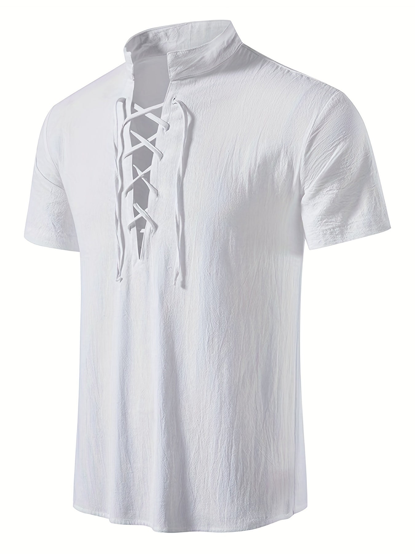 Herren Kurzarm Freizeithemd mit Schnürung und Stehkragen – Retro Sommer Oberteil