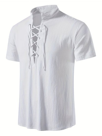 Herren Kurzarm Freizeithemd mit Schnürung und Stehkragen – Retro Sommer Oberteil
