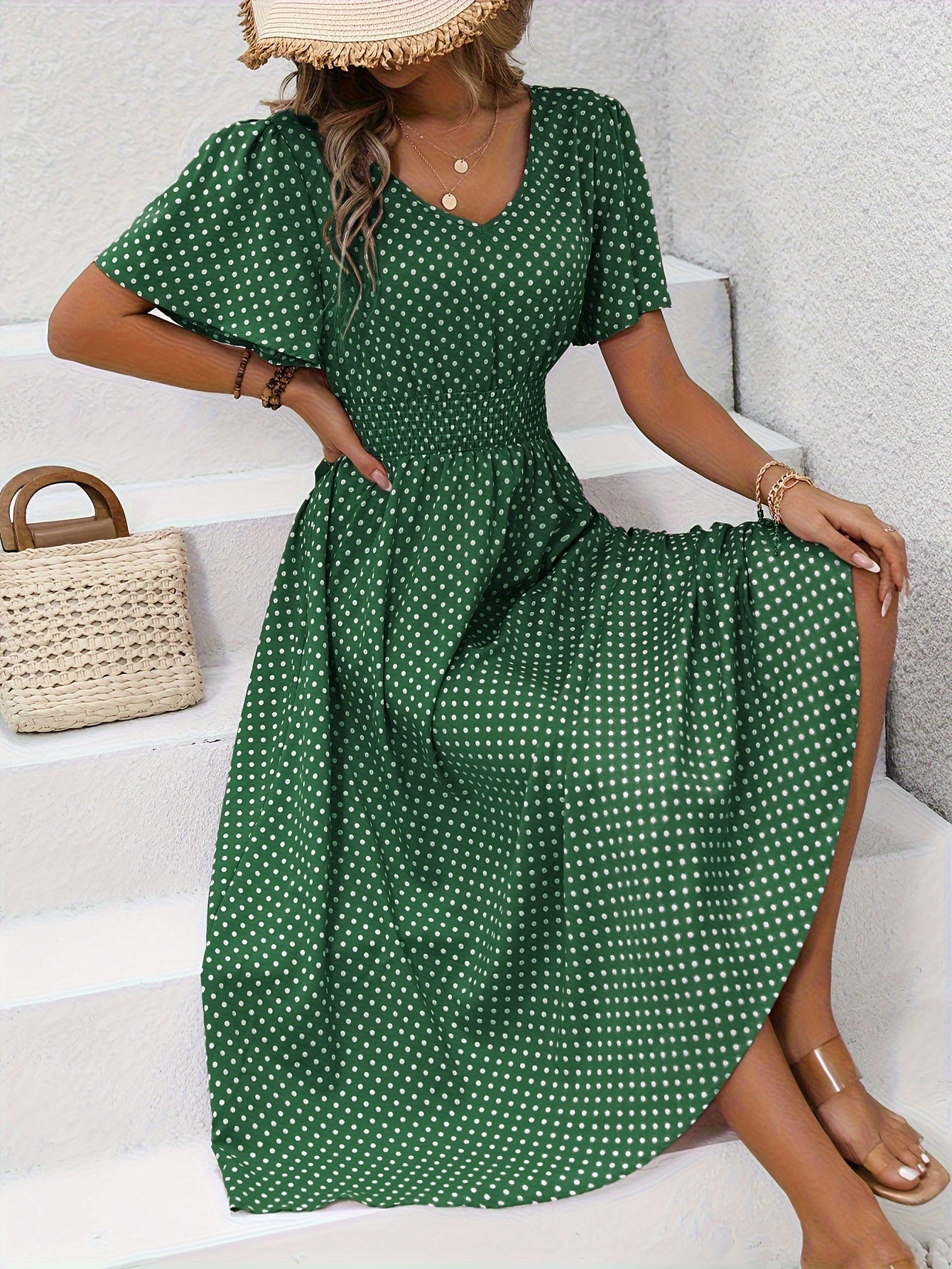 Damen Sommerkleid mit Punkten, V-Ausschnitt, elegant und luftig für Alltag & Urlaub