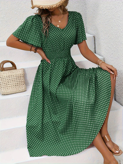 Damen Sommerkleid mit Punkten, V-Ausschnitt, elegant und luftig für Alltag & Urlaub