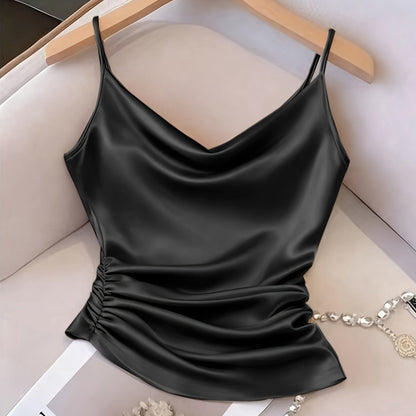 Damen Satin-Top mit Wasserfallausschnitt und Raffungen – Elegantes Camisole für besondere Anlässe