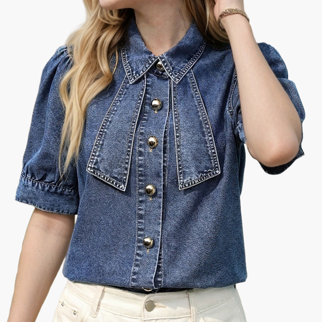 Damen Jeansbluse im eleganten Vintage-Stil mit Kurzarm und Knopfleiste – Perfekt für Freizeit und Alltag