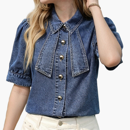 Damen Jeansbluse im eleganten Vintage-Stil mit Kurzarm und Knopfleiste – Perfekt für Freizeit und Alltag