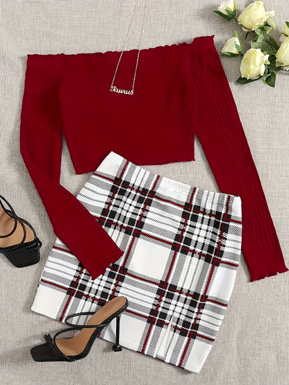 Damen Off-Shoulder Zweiteiler Set – Elegantes Oberteil mit Falten & Karierter Minirock – Perfekt für Frühling und Sommer