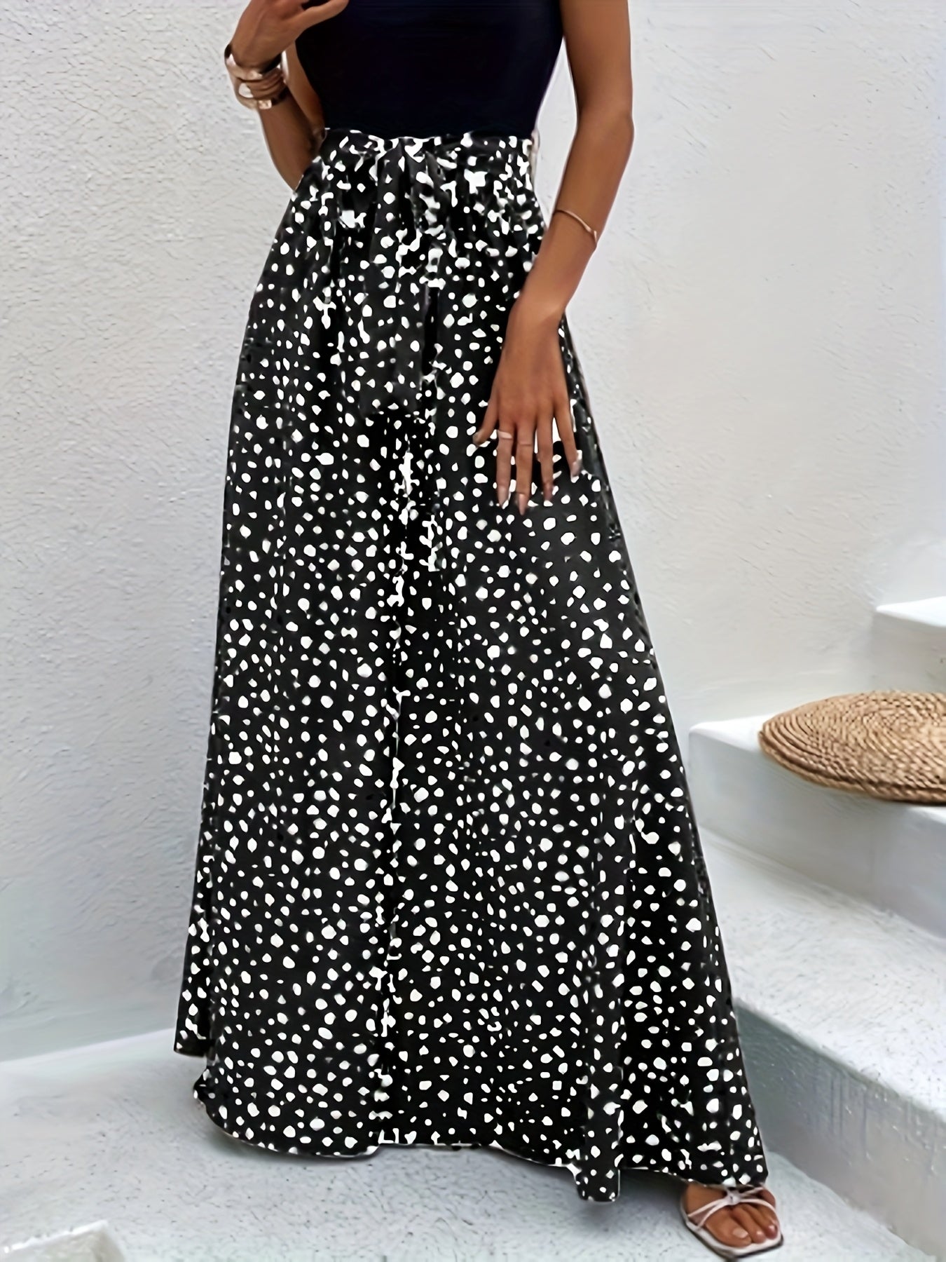Damen Elegante Weite Hose mit Punktemuster und Bindegürtel – Perfekt für Freizeit und Sommer