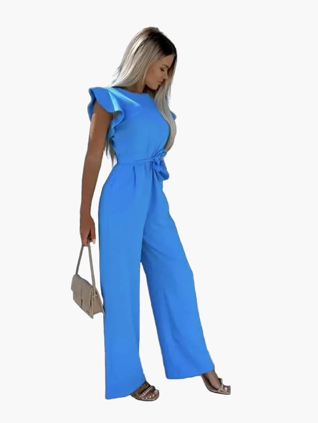 Damen Jumpsuit Elegant – Weite Passform mit Volantärmeln und Taillengürtel, ideal für Büro & Ausgehen