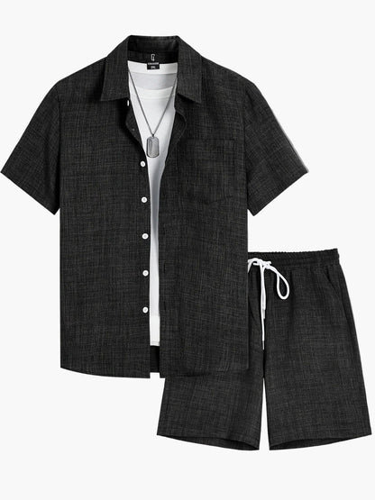 Herren Sommer Freizeit Set – Kurzarm Hemd & Shorts mit T-Shirt und Kette, Lässiger Zweiteiler für Alltag und Urlaub